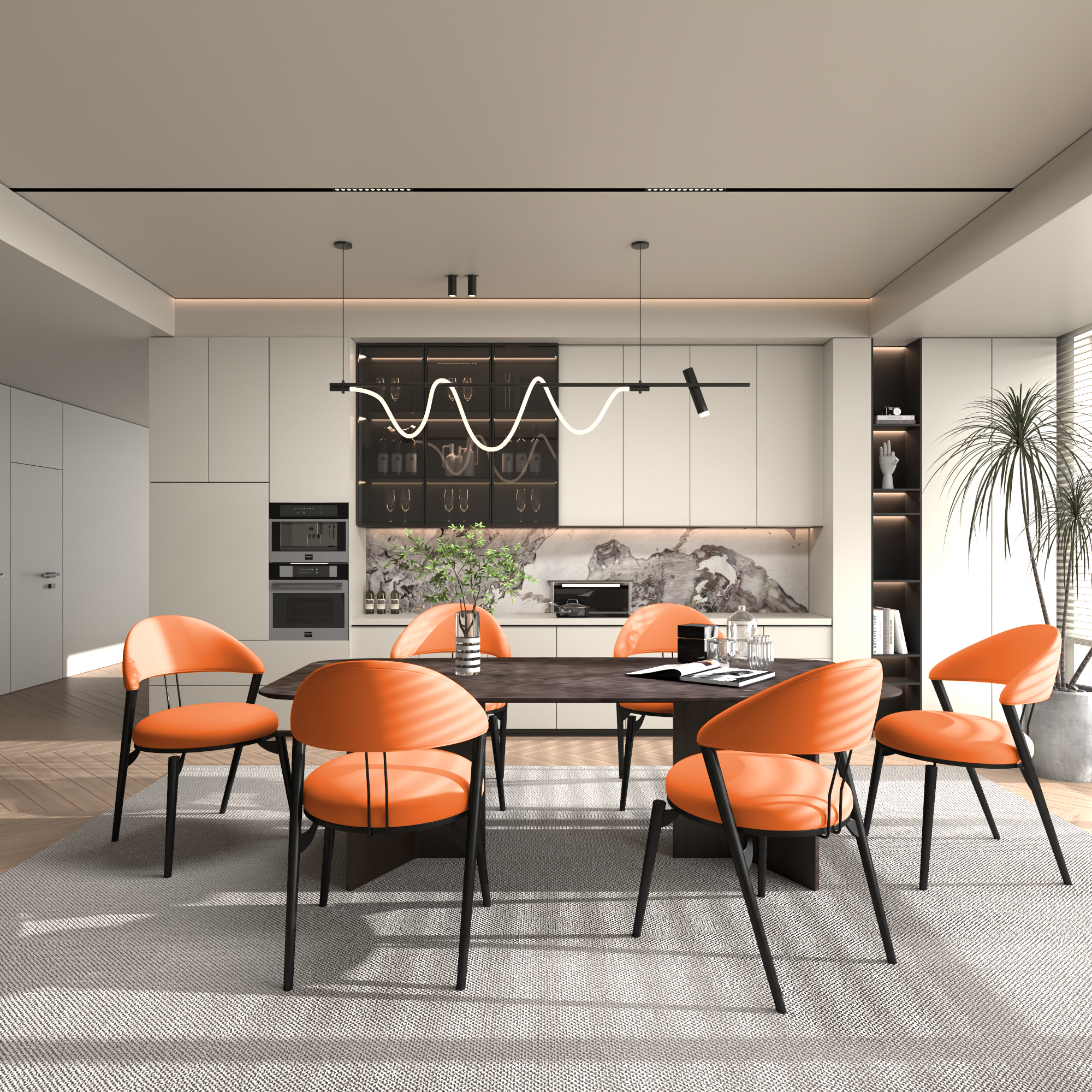 Super Crystal - Rectangular Table + 6 Warm Orange Chairs Tube Wall Thickness 1.2★★