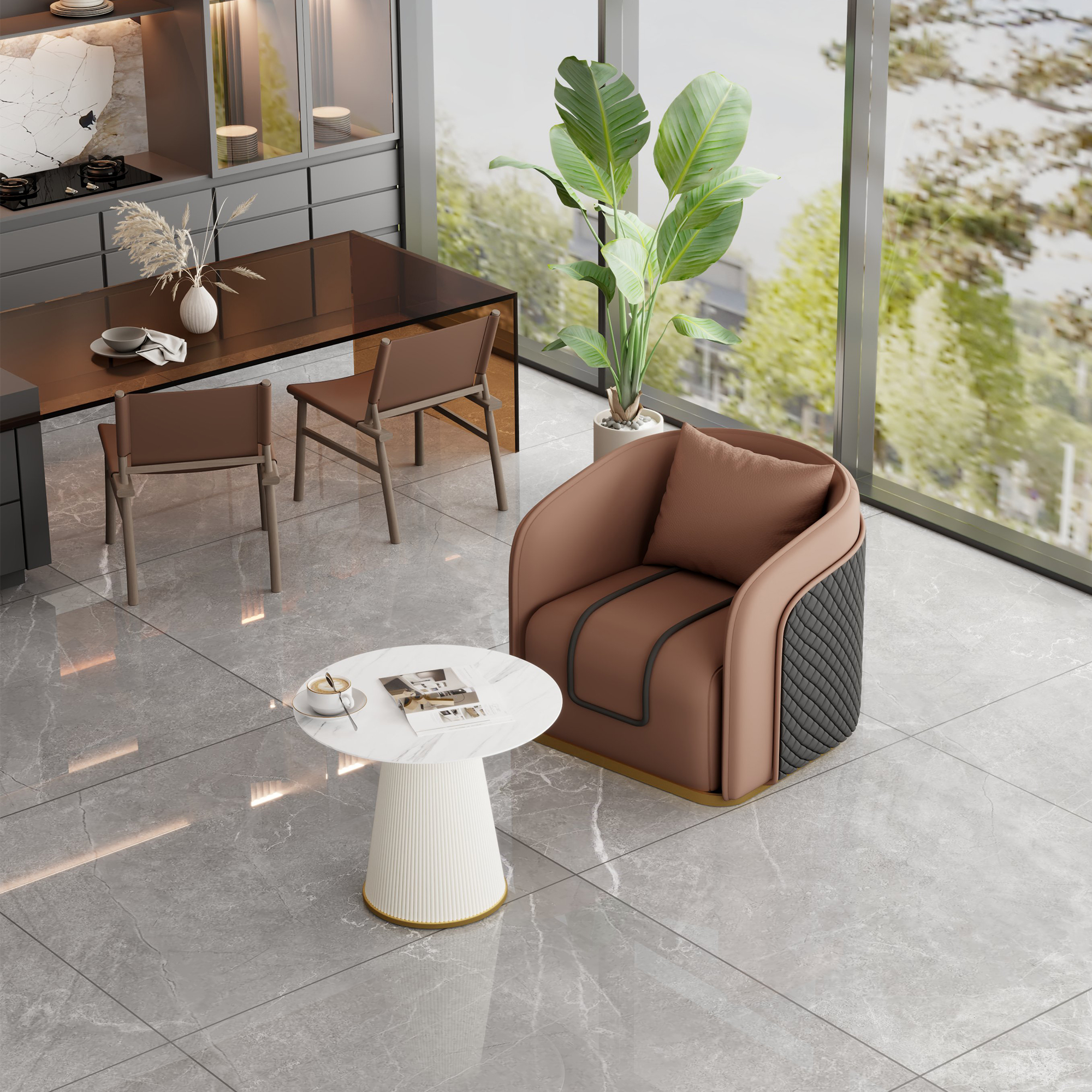 Brown Table and Chair [White Coffee Table]