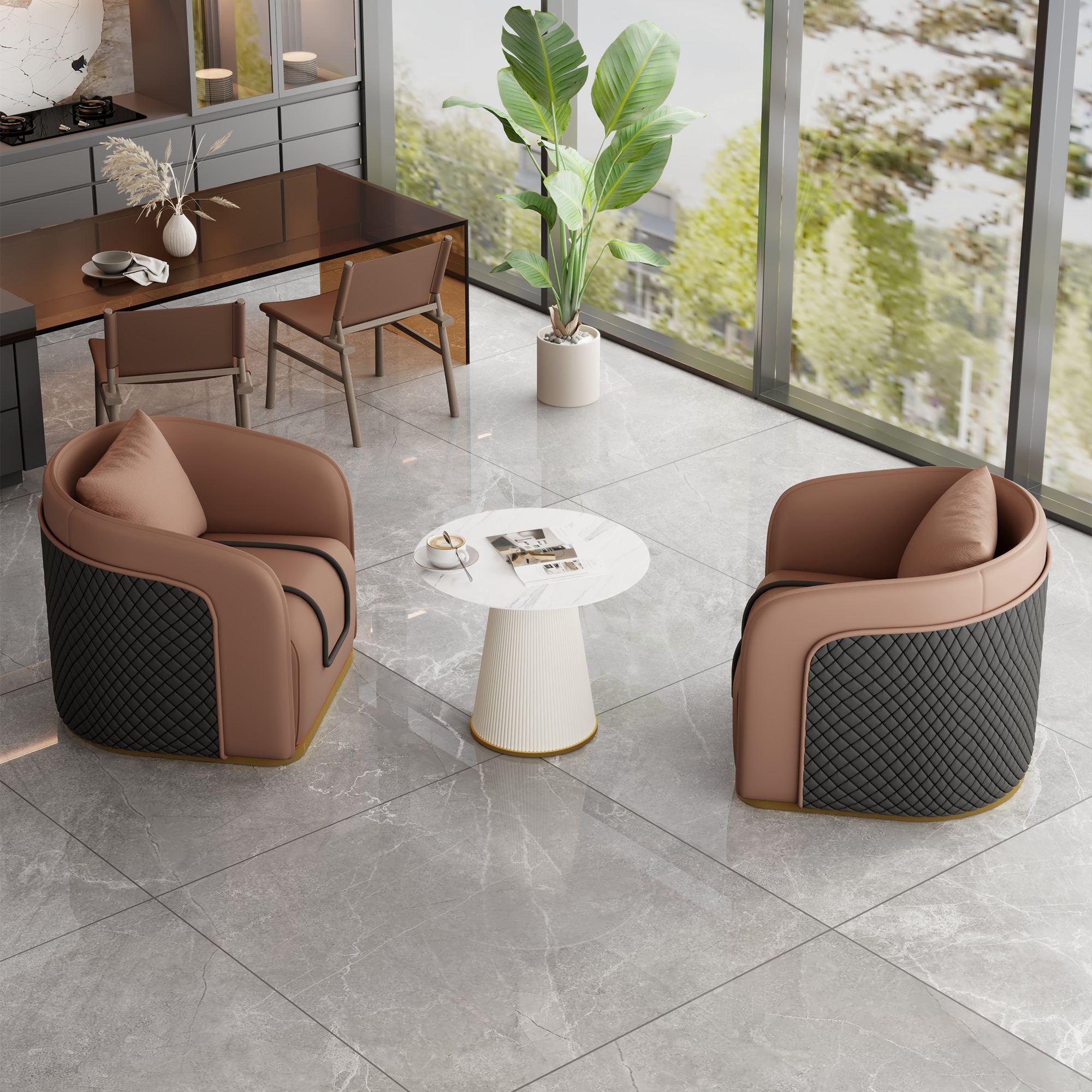 Brown Table and Two Chairs [White Coffee Table]