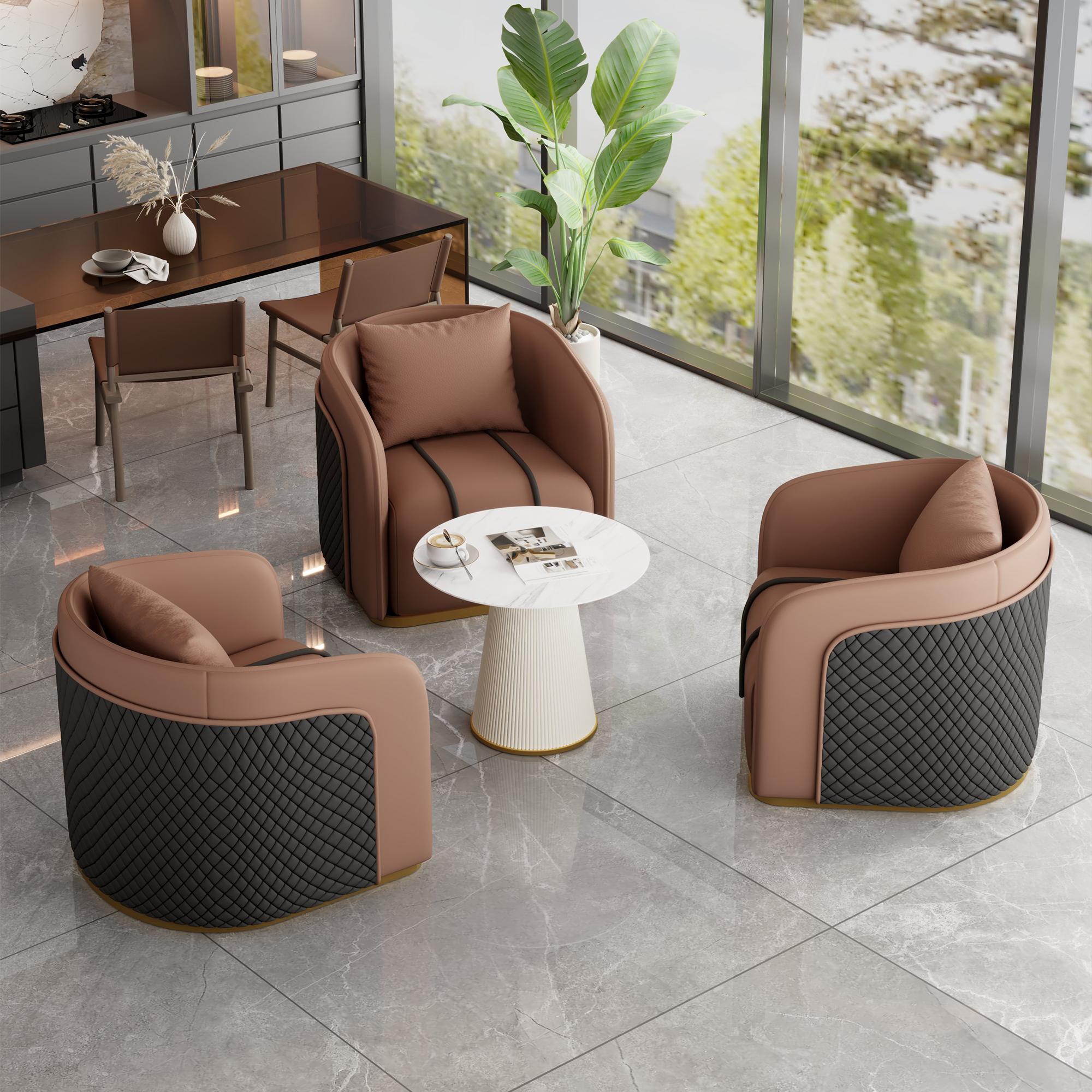 One Table and Three Chairs Brown [White Coffee Table]