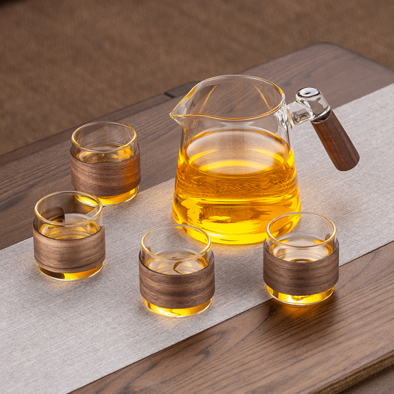 Walnut Handle Transparent Glass Fair Cup + 4 Transparent Wooden Frame Cups