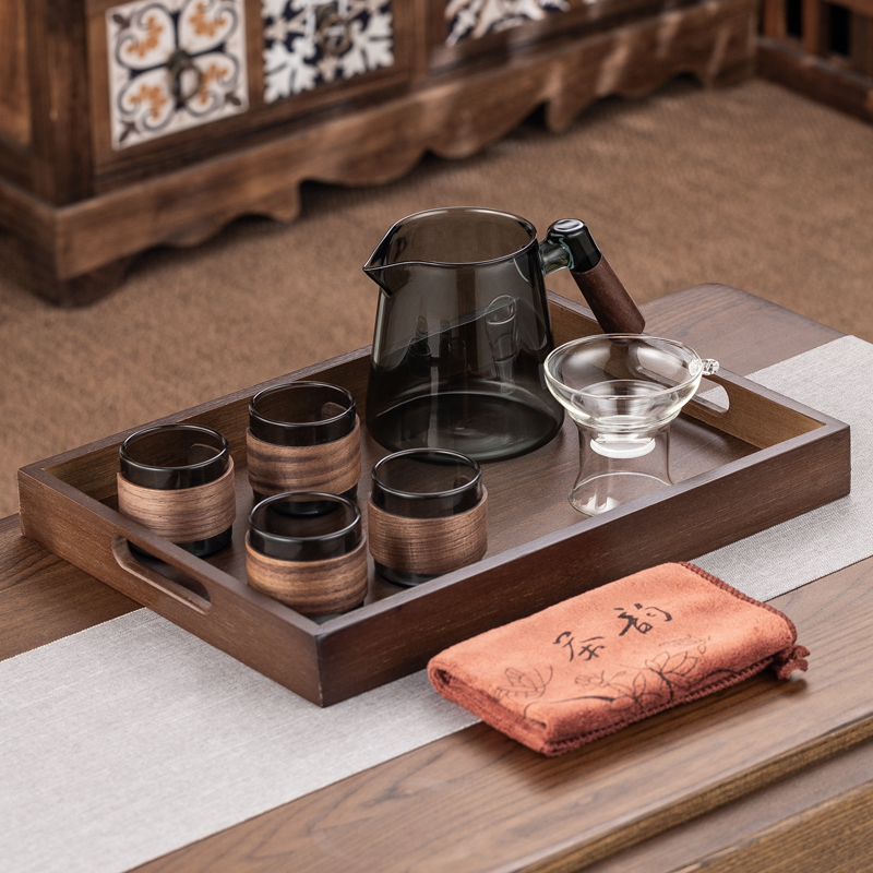 Walnut Handle Smoky Gray Glass Fair Cup + 4 Smoky Gray Wooden Frame Cups + Walnut Tray + Tea Towel + Tea Drain