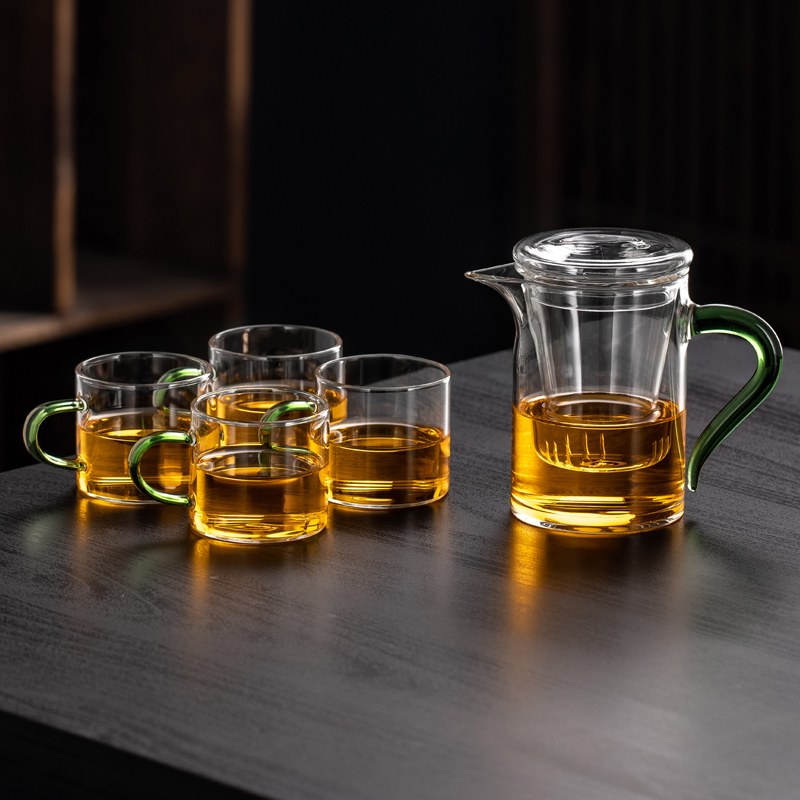 Green Handle Tea Cup + 4 Cups