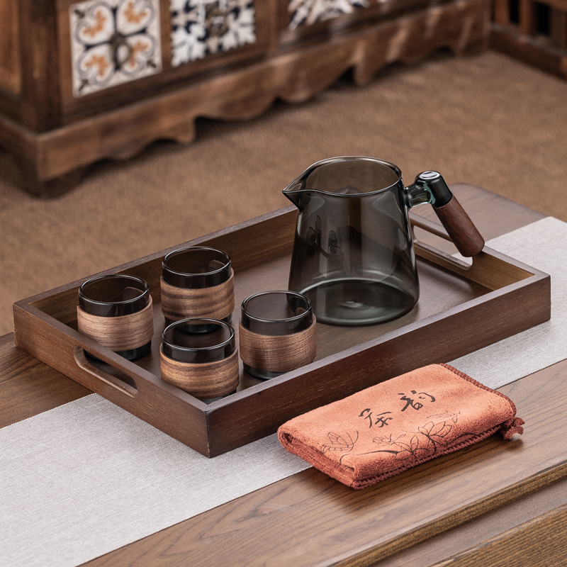 Walnut Wood Handle Smoky Gray Glass Pitcher Set + 4 Smoky Gray Wooden Frame Cups + Walnut Wood Tray + Tea Towel