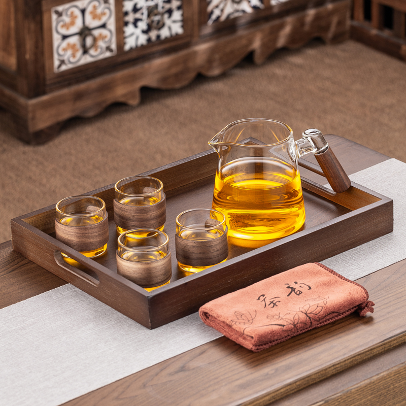 Walnut Handle Transparent Glass Fair Cup + 4 Transparent Wooden Frame Cups + Walnut Tray + Tea Towel