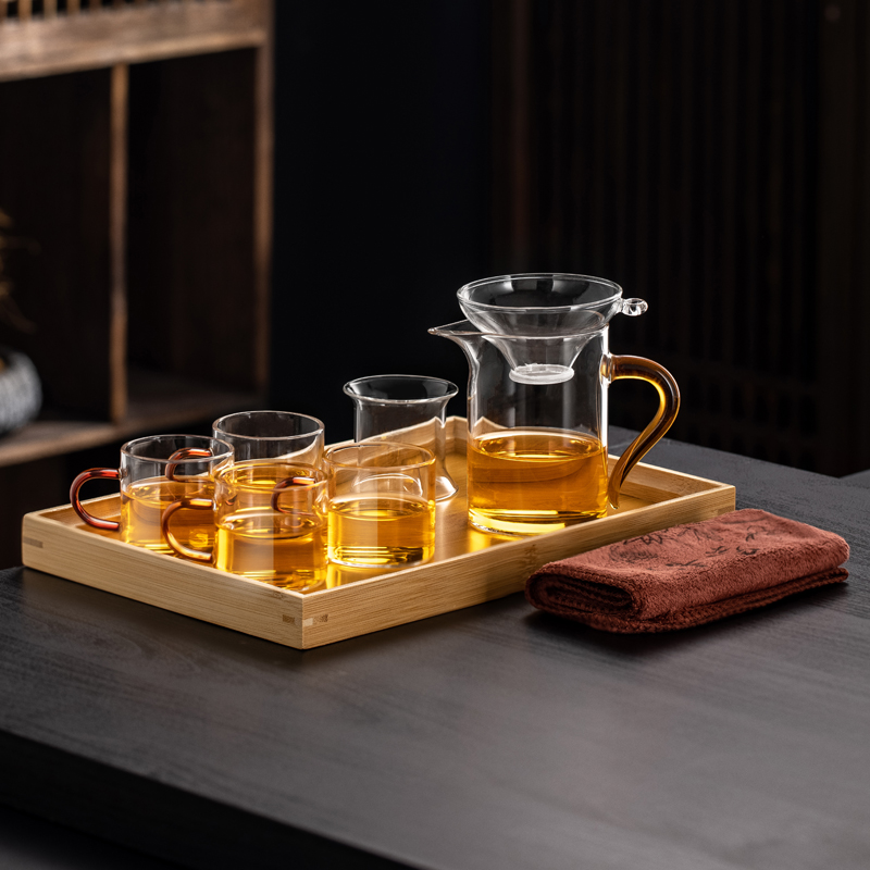 Fair Cup with Yellow Handle + Tea Drain + 4 Cups + Tray + Tea Towel