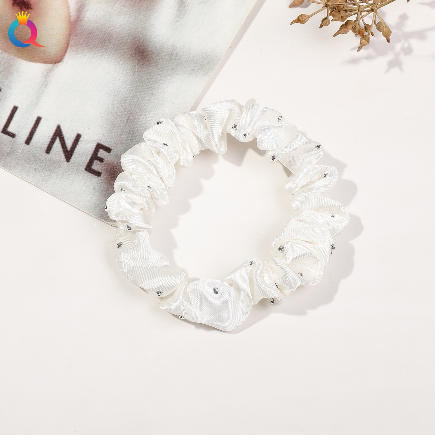 Satin Fine Diamond Hair Tie-Off-White