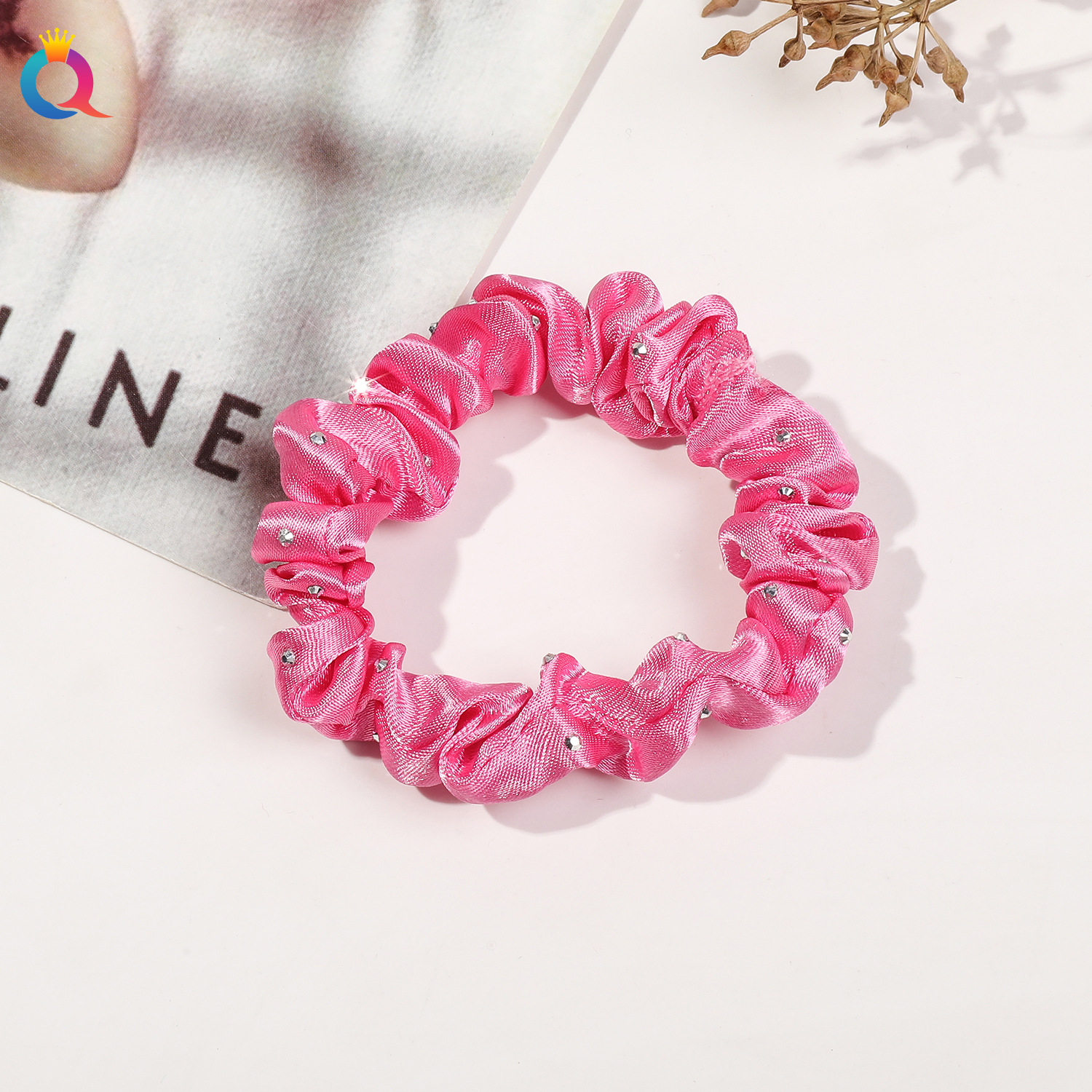 Satin Fine Diamond Hair Tie-Rose Pink