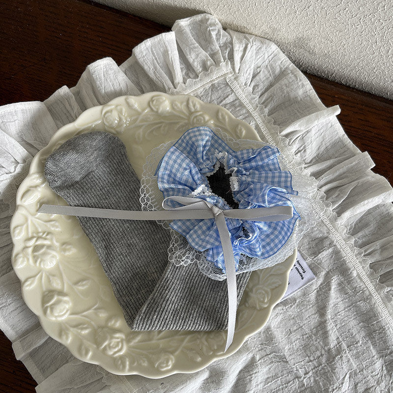 Light Grey Socks with Blue Check Pattern and White Trim