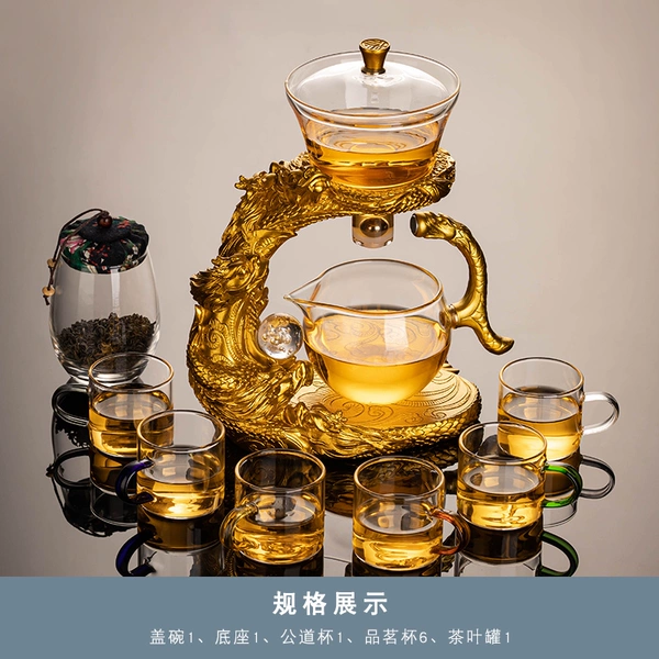 Transparent golden "Long Xiao Nine Days" automatic tea vessels+six -color cup+tea jar