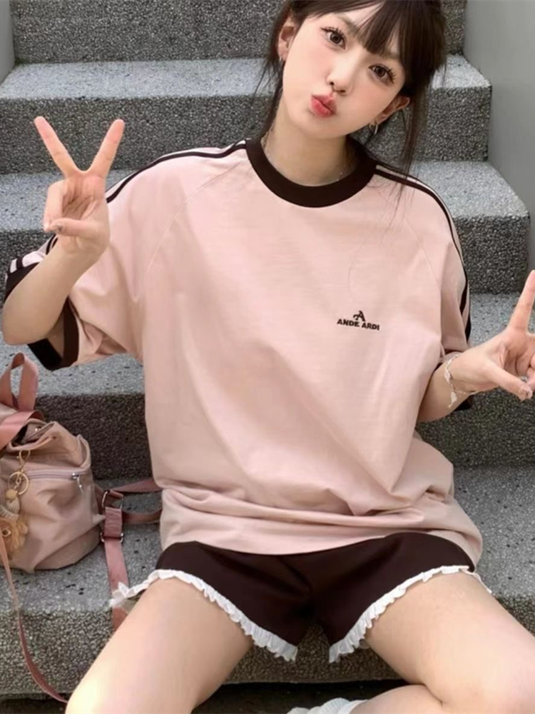 Pink Top + Brown Shorts