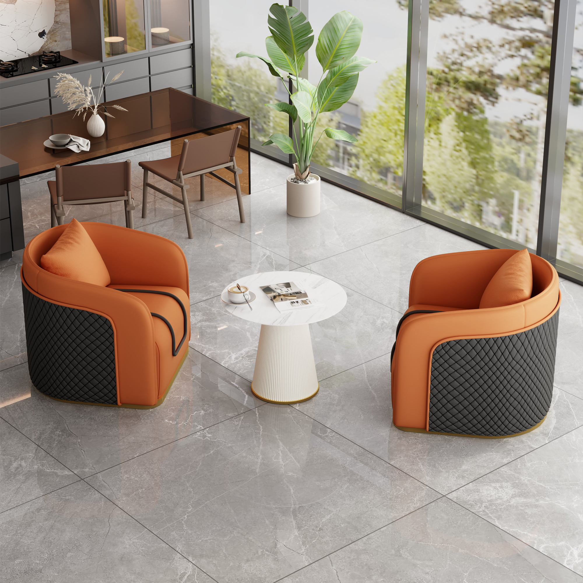 Orange Table and Two Chairs [White Coffee Table]