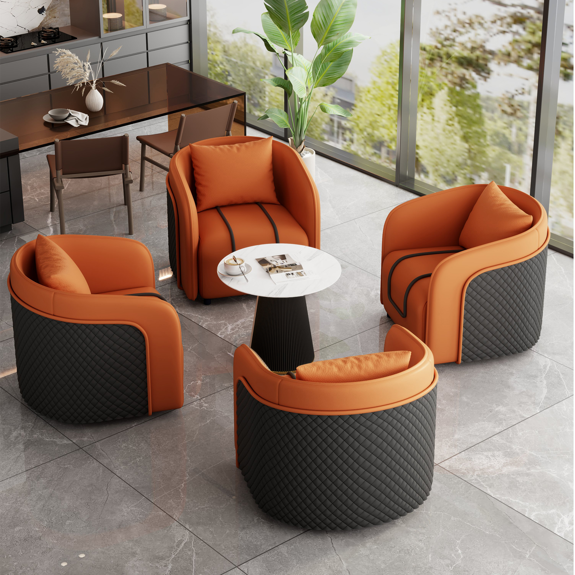 Orange Table and 4 Chairs [Black Coffee Table]