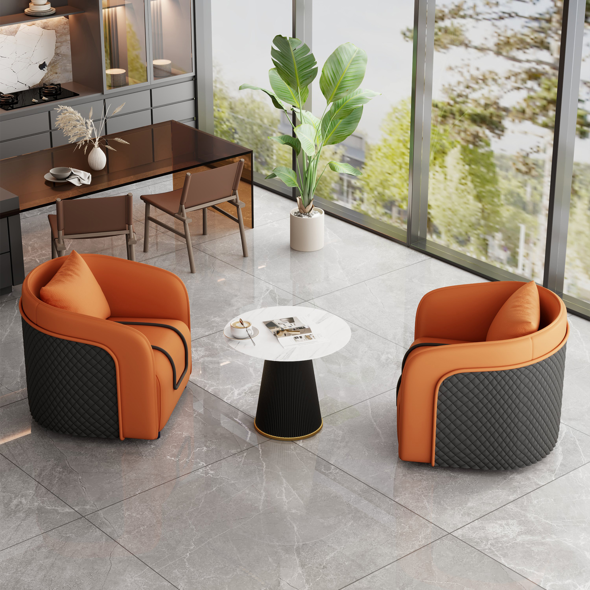 Orange Table and Two Chairs [Black Coffee Table]