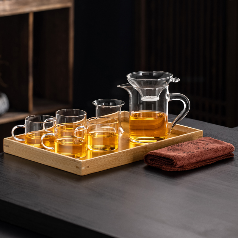 Transparent Handle Fair Cup + Tea Drain + 4 Cups + Tray + Tea Towel
