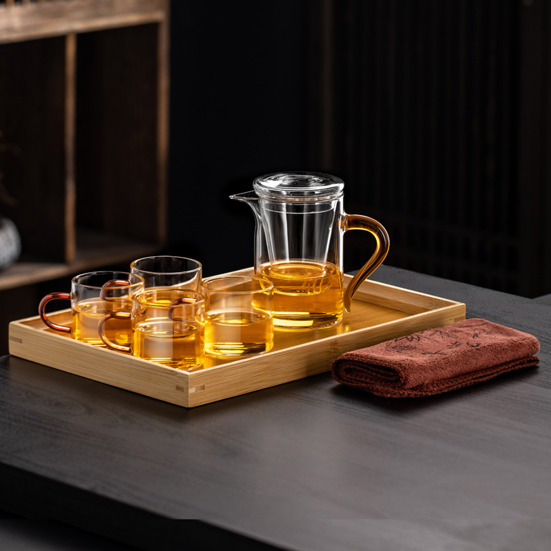 Yellow Handle Tea Cup + 4 Cups + Tray + Tea Towel