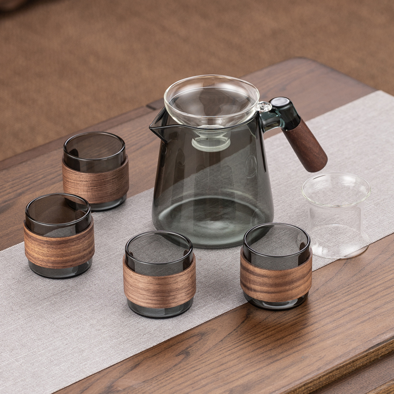 Walnut Handle Smoky Gray Glass Fair Cup + 4 Smoky Gray Wooden Frame Cups + Tea Drain