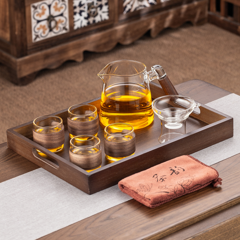 Walnut Handle Transparent Glass Fair Cup + 4 Transparent Wooden Frame Cups + Walnut Tray + Tea Towel + Tea Drain