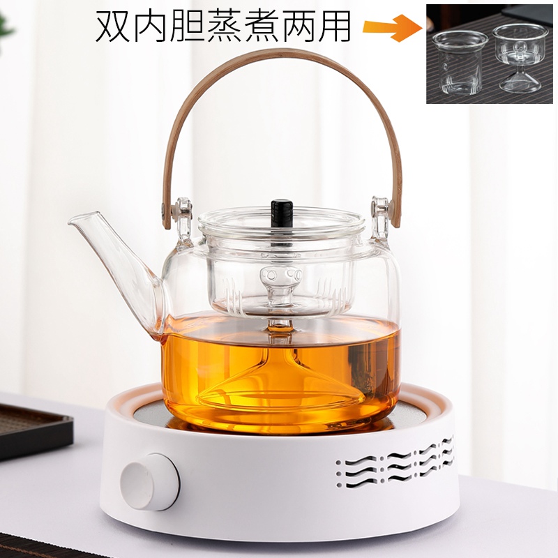 Bamboo Handle Steaming Teapot, Model B, with White Electric Ceramic Stove