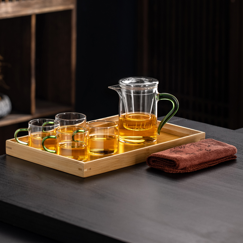 Green Handle Tea Cup + 4 Cups + Tray + Tea Towel