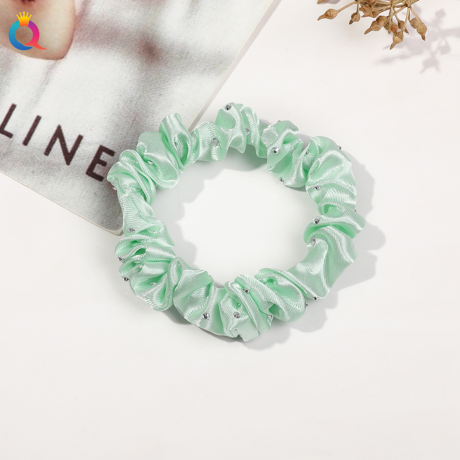 Satin Fine Rhinestone Hair Tie - Green