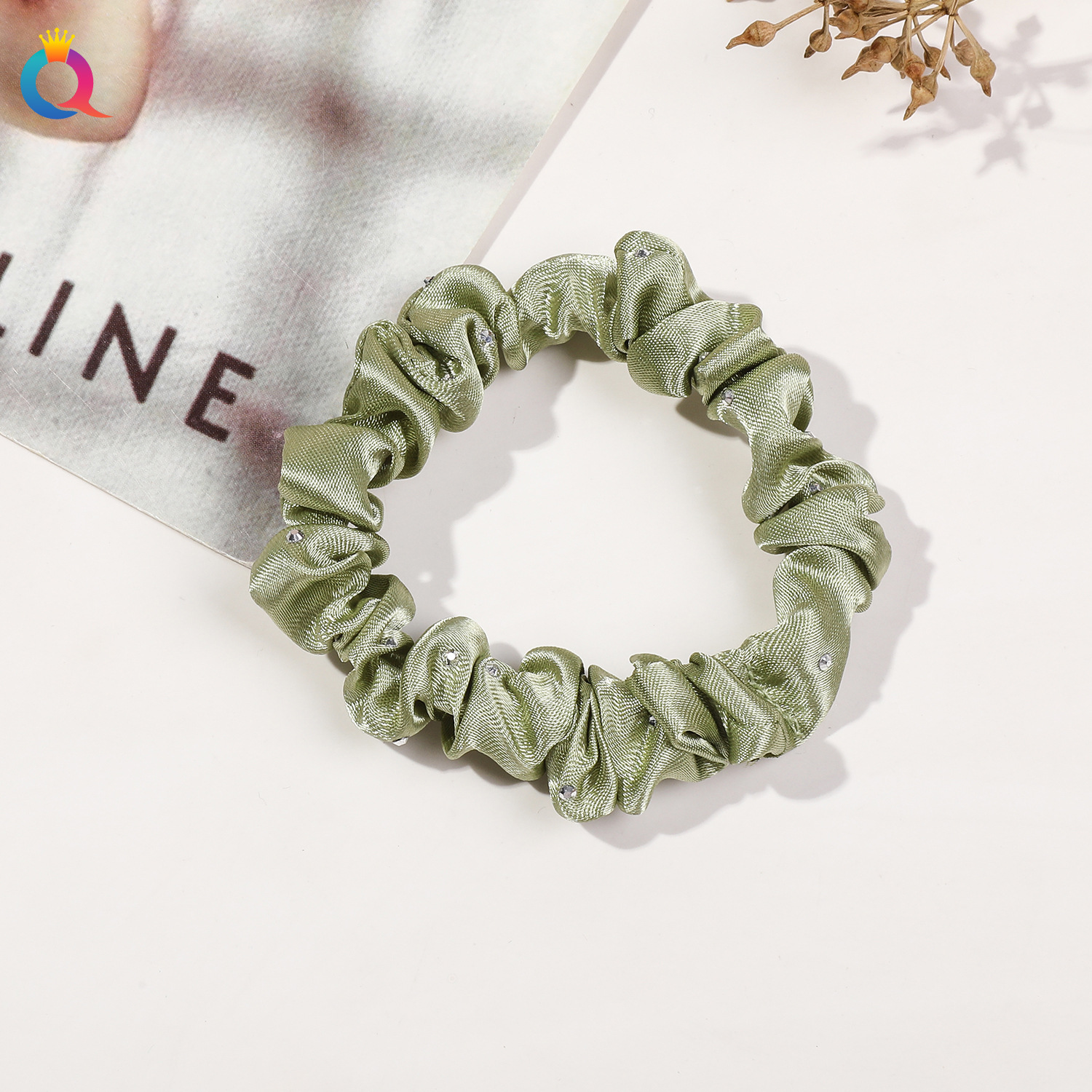 Satin Fine Diamond Hair Tie-Foam Green