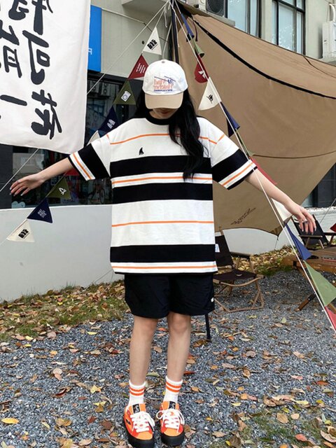 Contrast color striped short-sleeved T-shirt for women in summer Korean ...