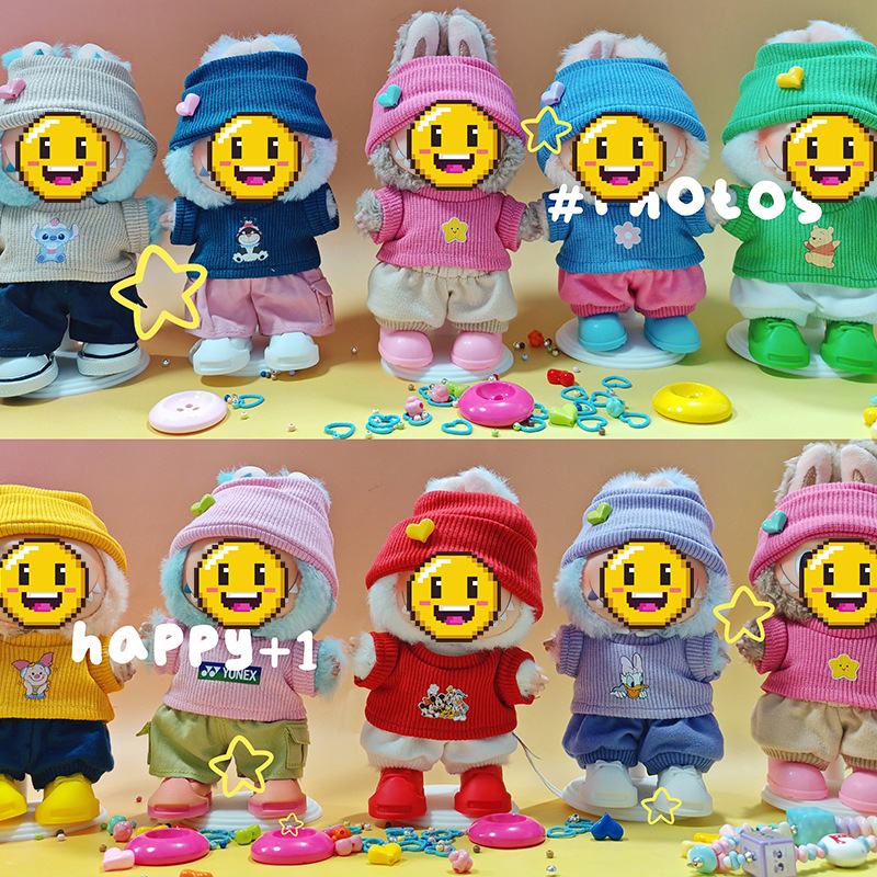 17cm plush doll doll ribbed knit cuff hat + hooded knit ribbed T-shirt set
