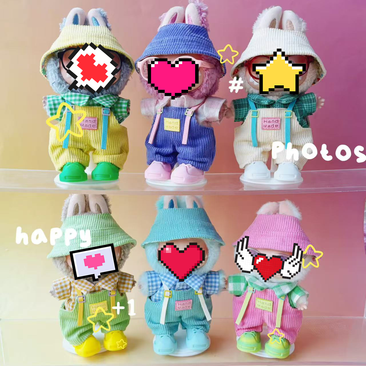 Clothes for 17cm Plush Toys, Generation 123 Macaron Sitting Party Overalls for Dolls.