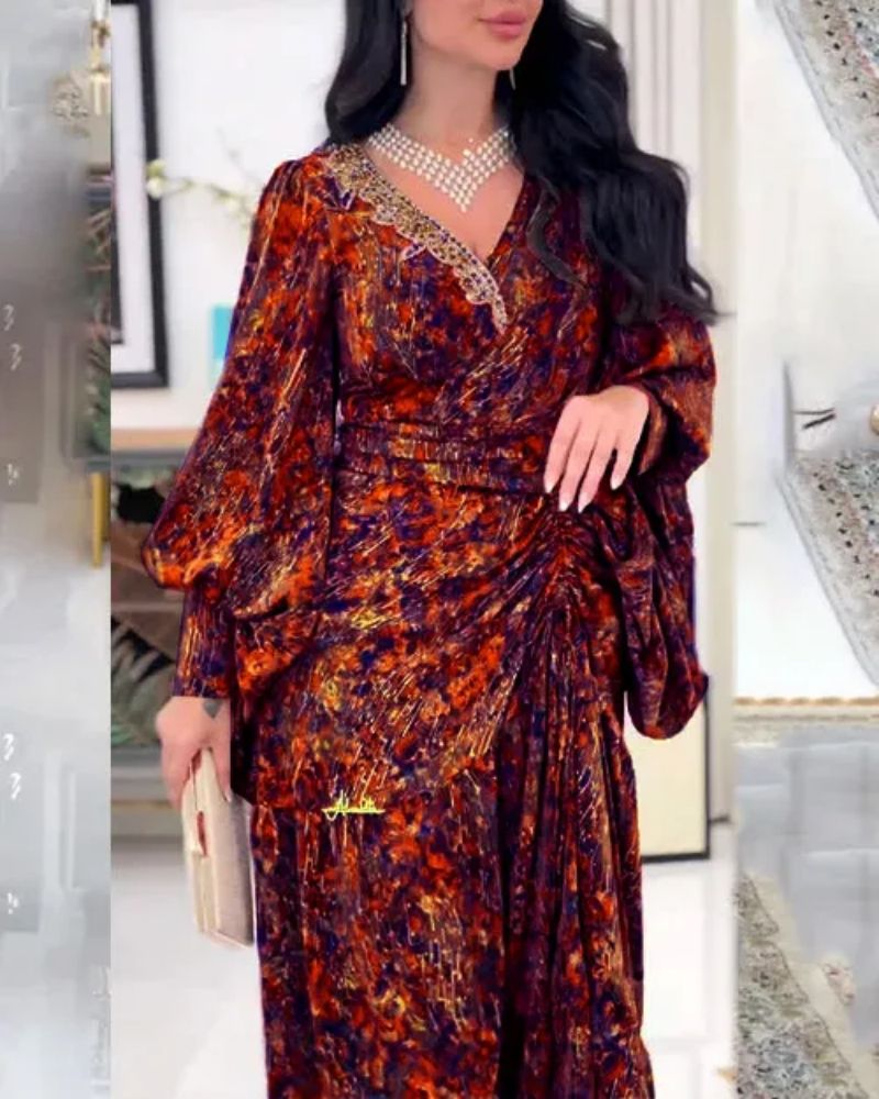 Naiste rõivad kevad- ja suvepikk seelik Patchwork vöökohaga seelik V-kaelusega trükitud vööga kleit_voghion.com