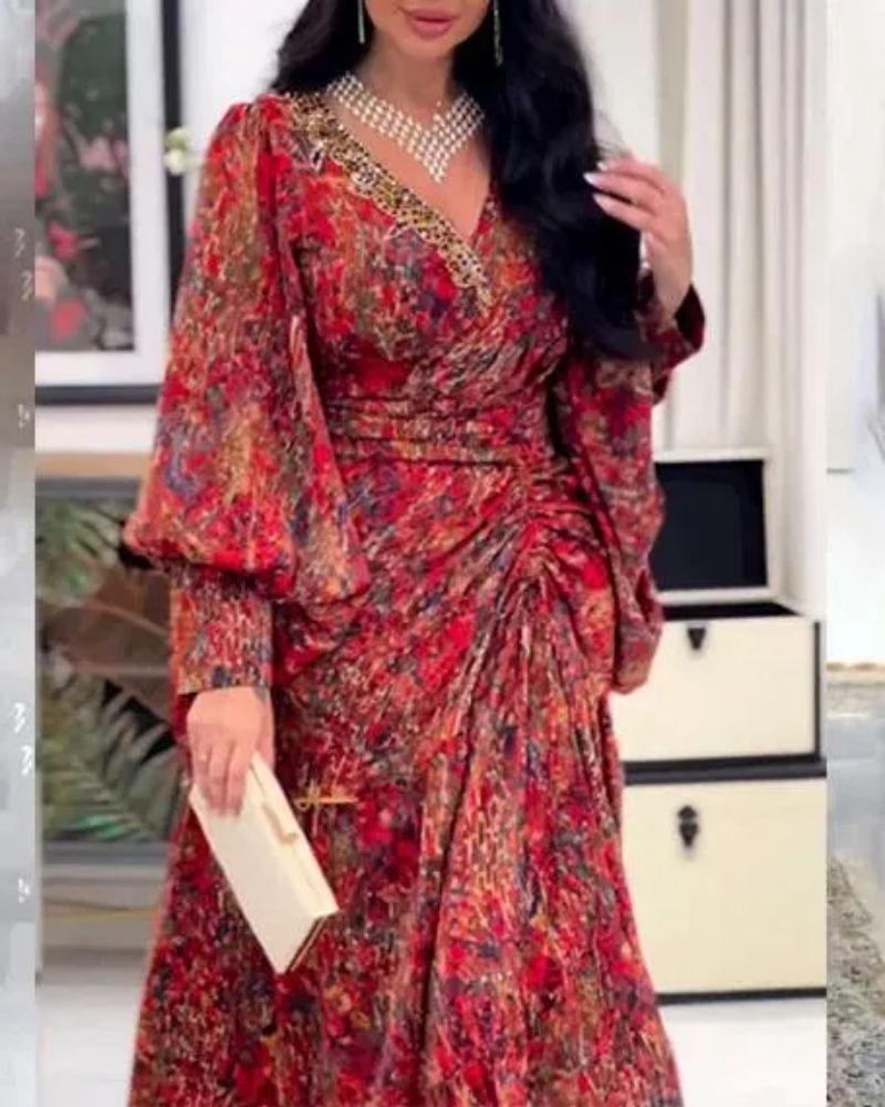 Naiste rõivad kevad- ja suvepikk seelik Patchwork vöökohaga seelik V-kaelusega trükitud vööga kleit_voghion.com