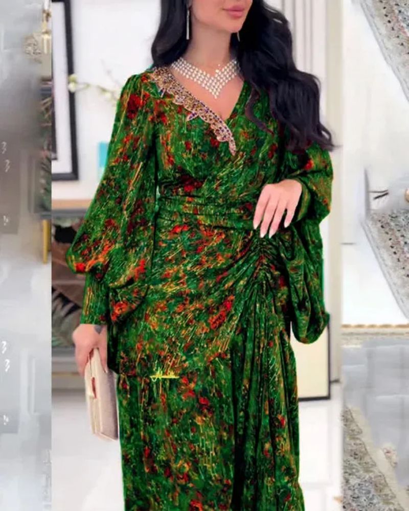 Naiste rõivad kevad- ja suvepikk seelik Patchwork vöökohaga seelik V-kaelusega trükitud vööga kleit_voghion.com