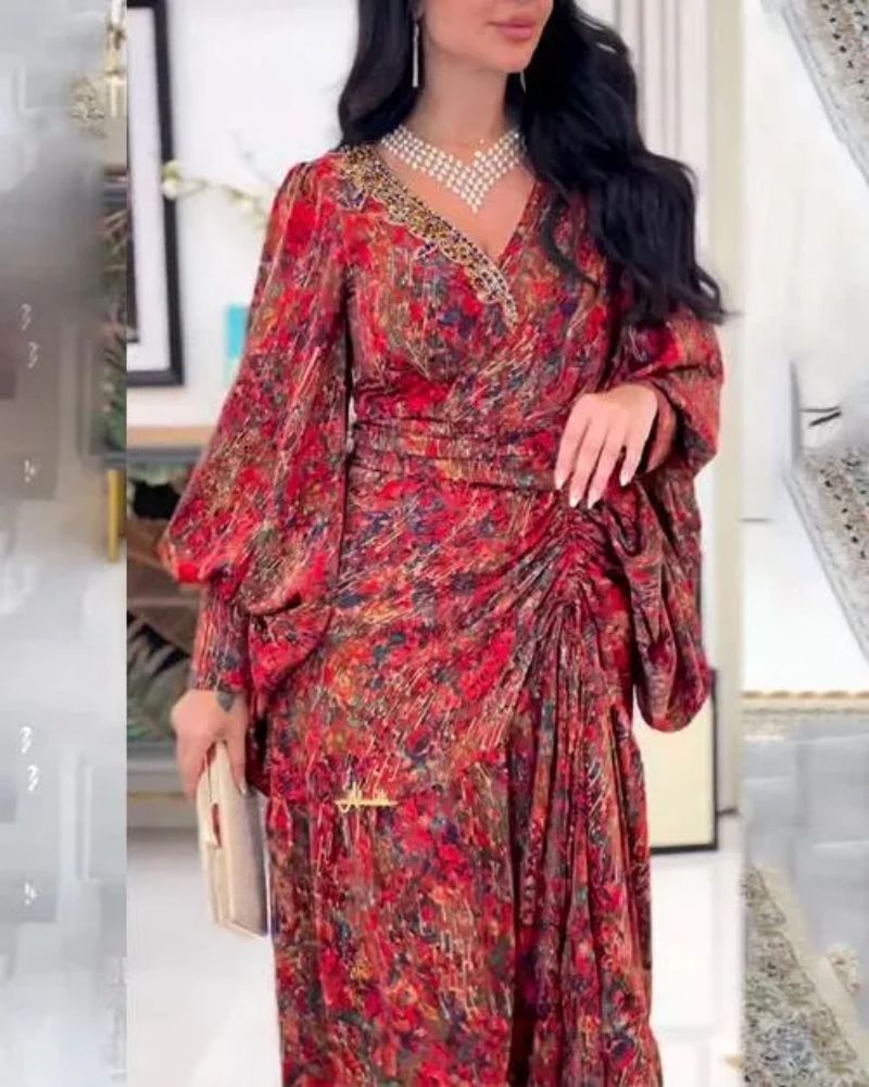 Naiste rõivad kevad- ja suvepikk seelik Patchwork vöökohaga seelik V-kaelusega trükitud vööga kleit_voghion.com