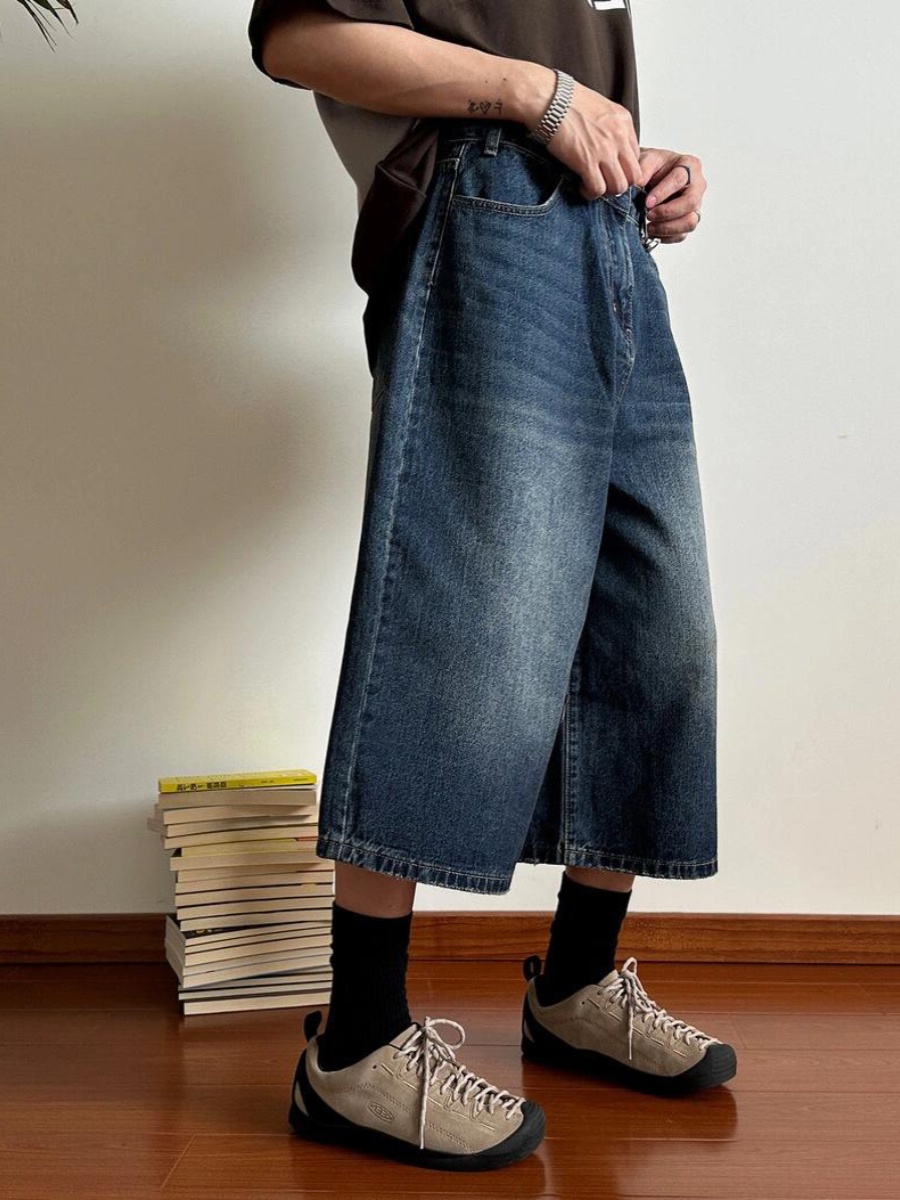 SUMMER AMERICAN RETRO WIDE-LEG DENIM SHORTS MENS WASHED DISTRESSED CROPPED PANTS HIGH STREET LOOSE STRAIGHT-LEG MEDIUM PANTS