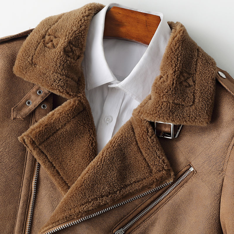 SPECIAL CLEARANCE  NEW CASHMERE FUR INTEGRATED MENS SHORT BIKER JACKET LEATHER COAT FUR COAT WINTER