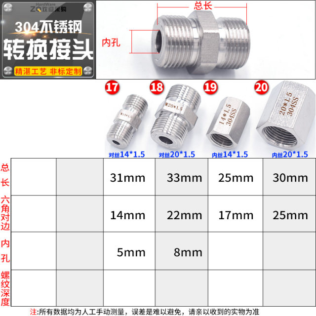 Pressure gauge joint 304 stainless steel inner and outer conversion joint M20*1.5 14*1.5 to 2/3/4 minute diameter conversion joint