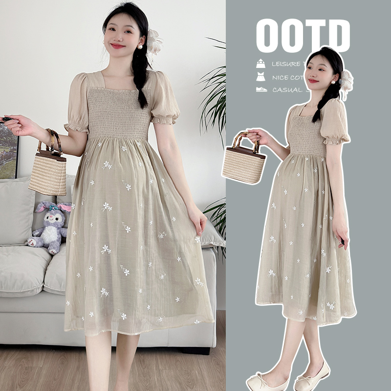 PREGNANT WOMEN SUMMER DRESS SMALL MAN 2024 NEW HIGH WAIST EMBROIDERY TEA BREAK MIDI LENGTH MATERNITY DRESS SUMMER