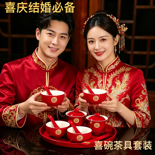 敬茶杯结婚喜碗婚礼改口一对红喜字敬酒茶具碗筷套装结婚用品大全
