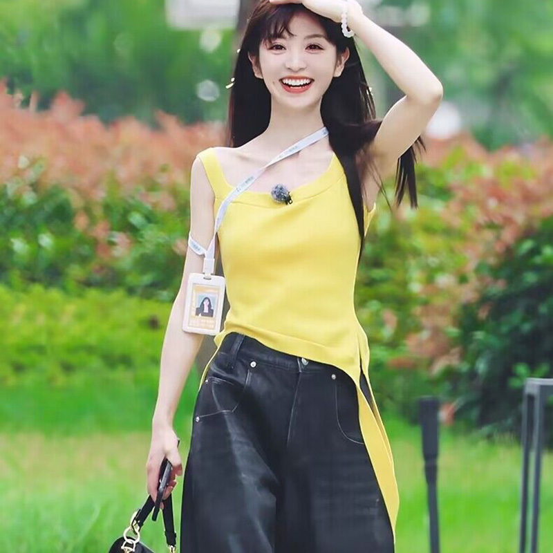 TIAN XIWEI의 같은 스타일 노란색 캐미솔 불규칙 민소매 티셔츠 리본 여름 섹시한 짧은 탑 여성용