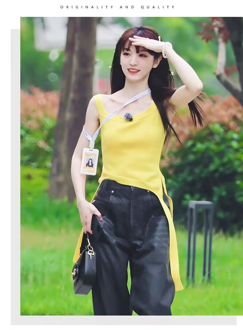 TIAN XIWEI의 같은 스타일 노란색 캐미솔 불규칙 민소매 티셔츠 리본 여름 섹시한 짧은 탑 여성용