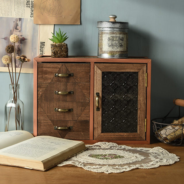 Retro rose gold edge storage cabinet zakka drawer bedside decoration rack creative solid wood desktop finishing rack