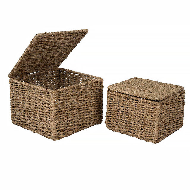 Simple handmade straw woven storage box with lid living room bedroom toys clothes storage box rattan storage basket