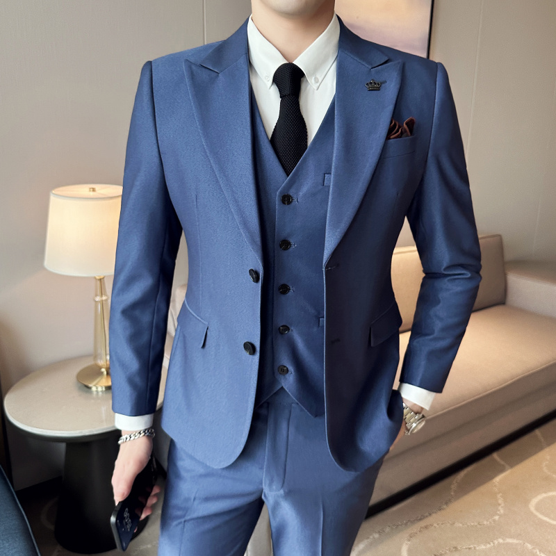 SPRING NEW MENS KOREAN VERSION SLIM DOUBLE-BUTTON SUIT SET STRETCH BUSINESS PROFESSIONAL SUIT SMALL SUIT THREE-PIECE SUIT