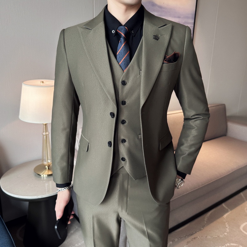SPRING NEW MENS KOREAN VERSION SLIM DOUBLE-BUTTON SUIT SET STRETCH BUSINESS PROFESSIONAL SUIT SMALL SUIT THREE-PIECE SUIT