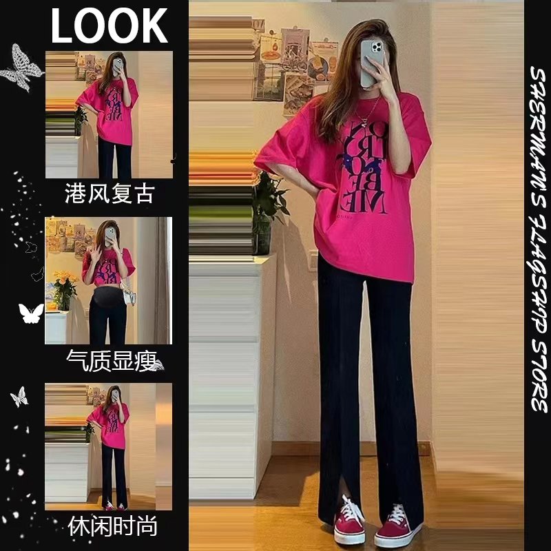 MATERNITY SUIT SUMMER FASHION KOREAN MATERNITY T-SHIRT SUMMER DRESS SHORT-SLEEVED TOP LOOSE CASUAL WIDE-LEG PANTS TWO-PIECE SET
