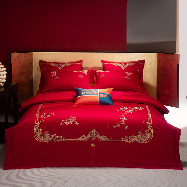 New Chinese wedding embroidery full cotton wedding four-six pieces set Newly-wedding big red bed sheet quilt cover wedding dowry bedding
