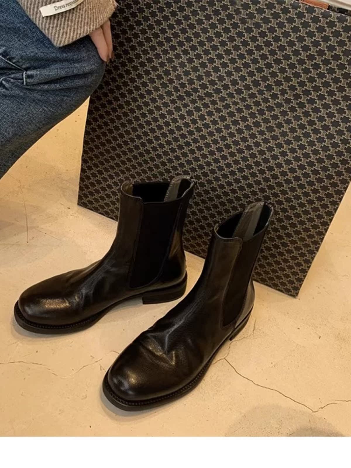 COWHIDE CHELSEA BOOTS AUTUMN WINTER LEATHER VINTAGE DISTRESSED PLEATED BOOTS FRIED STREET BOOTIES THICK-SOLED CHIMNEY MARTIN BOOTS