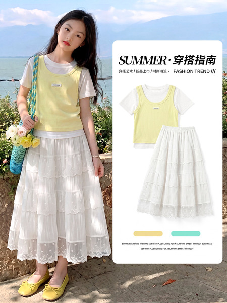 女童连衣裙夏季短袖套装儿童2026新款春秋多巴胺大童女孩公主裙子