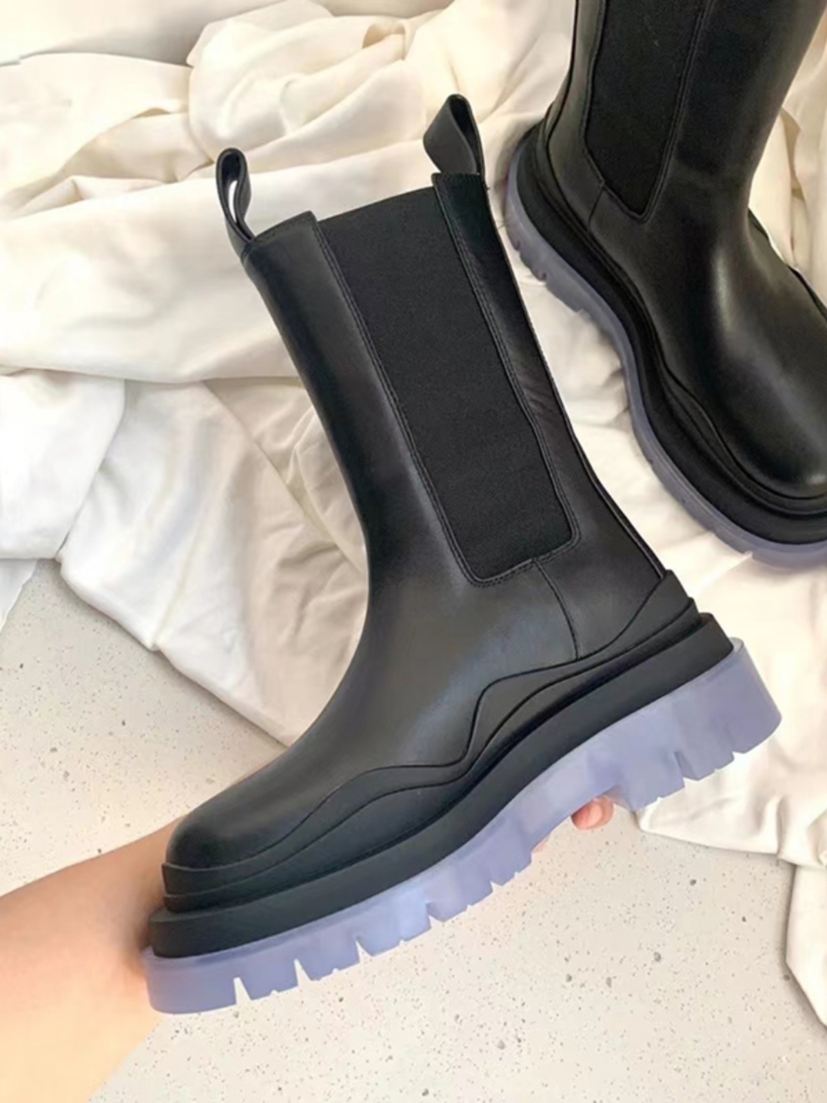 BA. BV MARTIN BOOTS WOMENS MONA SAME LEATHER BOOTIES THICK-SOLED HEIGHTENED CHELSEA BOOTS MENS MID-BARREL CIGARETTE BOOTS