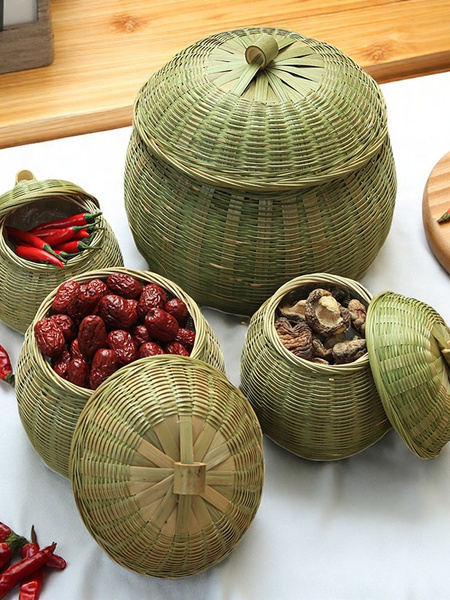 竹编制品鸡蛋篮零食篮家用收纳筐带盖子茶叶罐水果南瓜篮创意竹筐